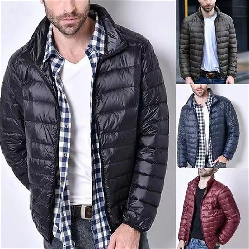 Men's Winter Coat Puffer Jacket Padded Jacket Pocket Polyster Vacation Daily Wear Date Regular Fashion Casual Comfortable Thermal Warm Winter Solid / Plain Color Wine Black Navy Blue Army Green