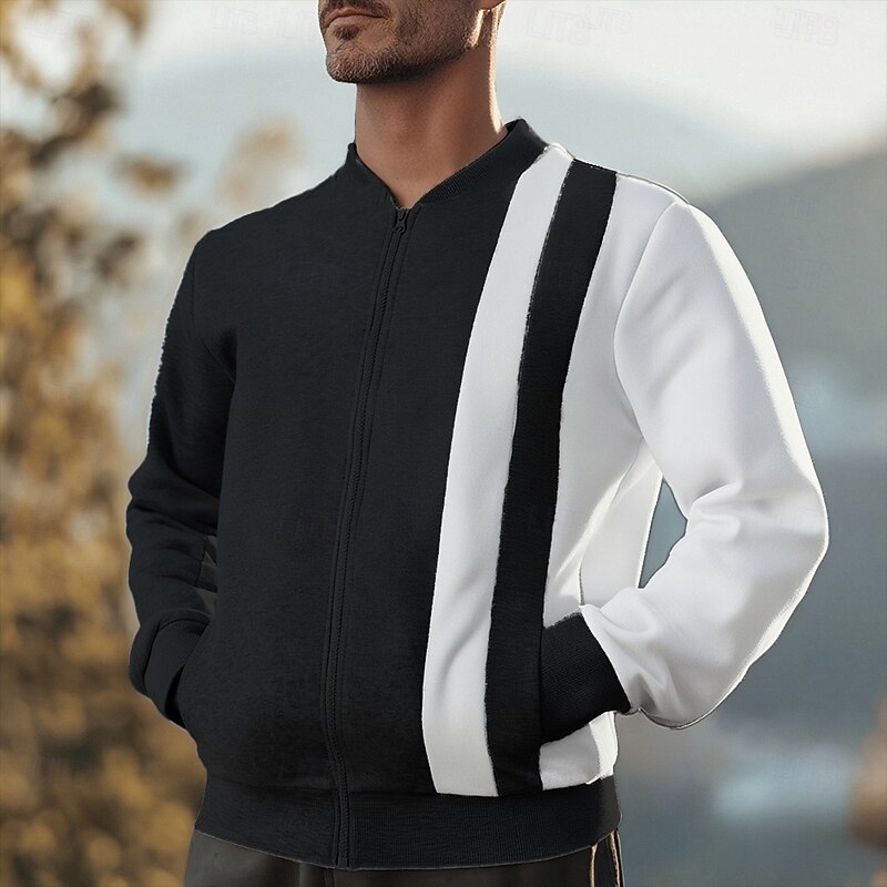 Men's Sweatshirt Full Zip Sweatshirt Black White Wine Navy Blue Khaki Standing Collar Color Block Patchwork Pocket Sports & Outdoor Daily Holiday Polyester Streetwear Basic Casual Spring Fall3