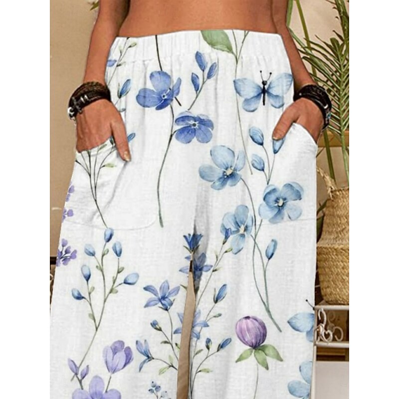Women's Chinos Pants Trousers Active Fashion Long High Waist Floral Pocket Elastic Waist Printing Breathability Soft Micro-elastic Vacation Street Daily Wear Blue Purple Spring Fall Regular Fit2