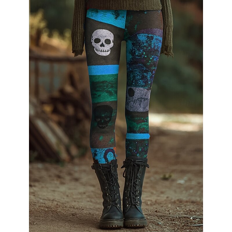 Women's Leggings Vacation Vintage Ethnic Style Ankle-Length High WaistPantsHalloween Graphic Skull Monster 3D Print Quick Dry Breathability Soft Stretchy Outdoor Home Causal Blue Orange Green Khaki3