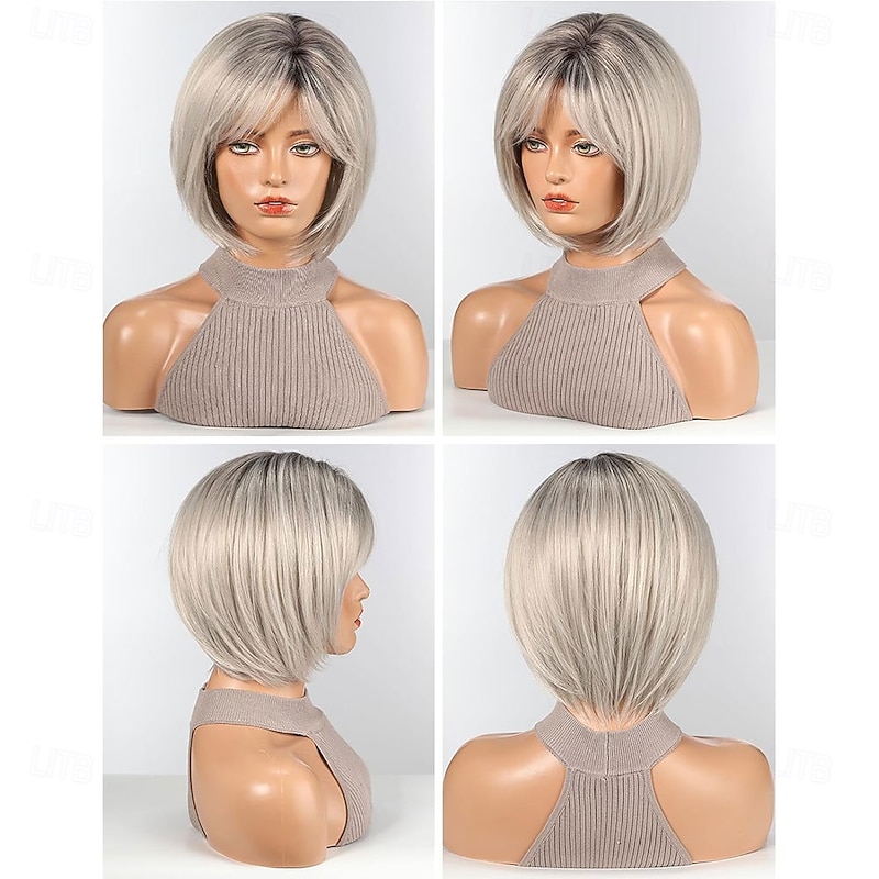 Bob Wigs for Women Synthetic Wig with Fringe Grey Color2