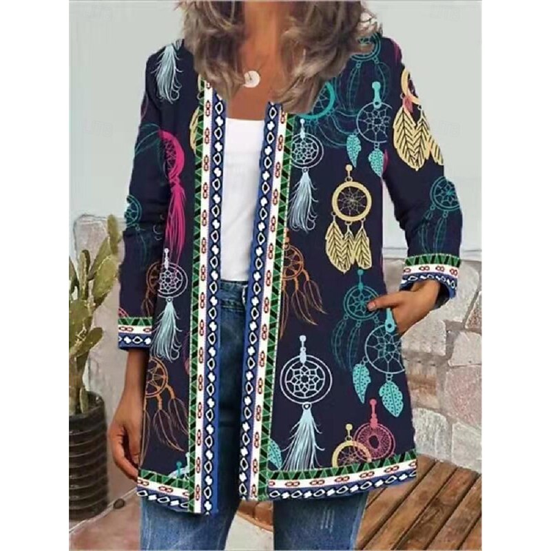 Women's Casual Jacket Windproof Warm Pocket Color Block Open Front with Pockets Modern Geometric Casual Daily Casual Daily Regular Crewneck Loose Fit Long Sleeve Outerwear Light Blue Black White Fall3