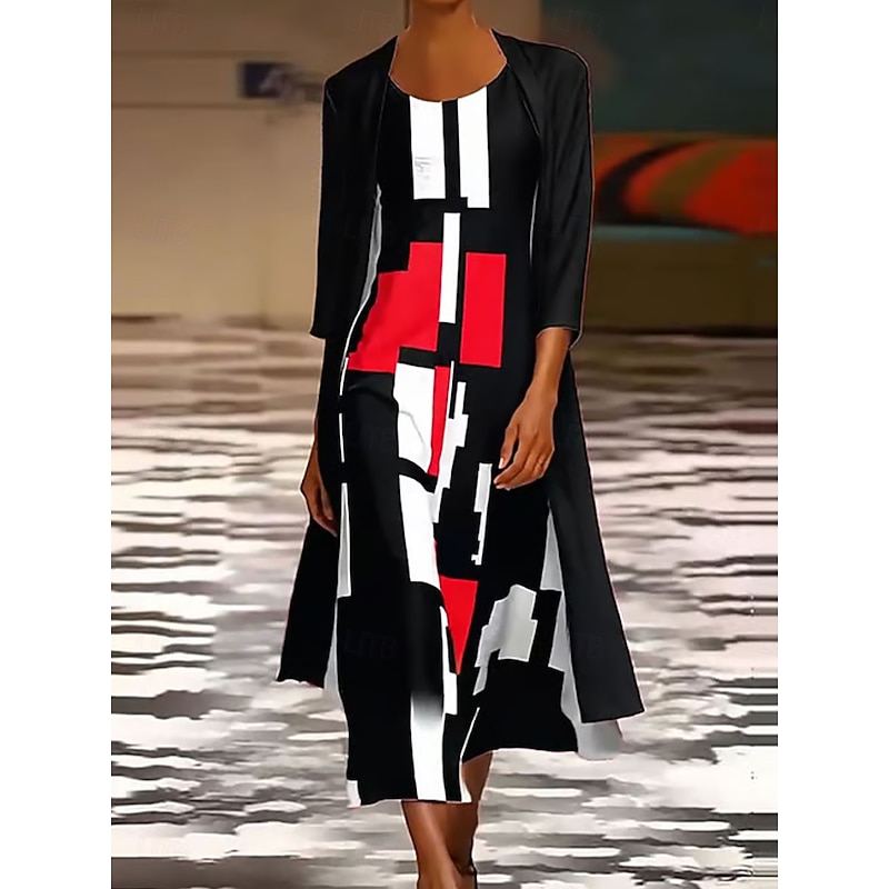 Women's Dress Set Maxi Dress Shift Dress Summer Dress Casual Graphic Geometric Layered Print Maxi Dress 3/4 Length Sleeve Crew Neck Daily White Red Spring Fall Regular Fit2