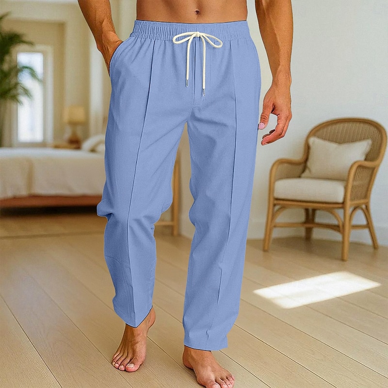 Men's Linen Pants Trousers Summer Pants Baggy Pants Beach Pants Drawstring Pocket Elastic Waist Plain Comfort Breathable Full Length Vacation Daily Holiday Vacation Hawaiian Black White Micro-elastic4