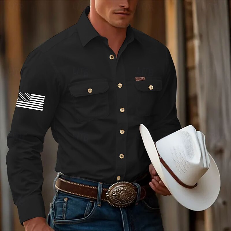 Men's American US Flag Work Shirt Western Shirt Cargo Shirt Long Sleeve Tactical Vintage Retro Sports Outdoor WorkWear Spring Fall Turndown Front Two Pockets Button Up Shirts Black White Army Green2