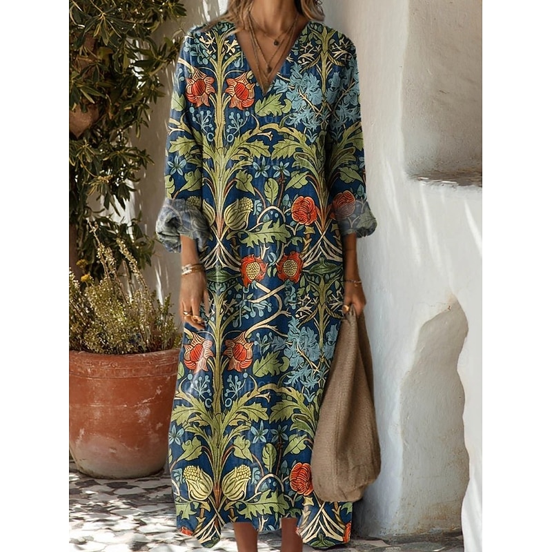 Women's Maxi Dress Casual Dress Stylish Casual Vacation Daily Regular Fit Floral Long Sleeve V Neck Navy Blue Blue Orange Brown Summer4