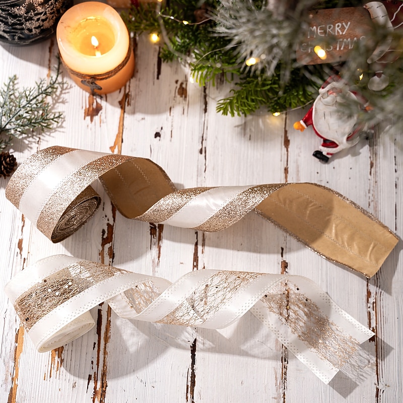 2 Roll Christmas Ribbon, Gold Mesh Tulle Decorative Ribbon for Holiday Atmosphere Decoration, High-End Xmas Gift Wrapping and Party Decor4