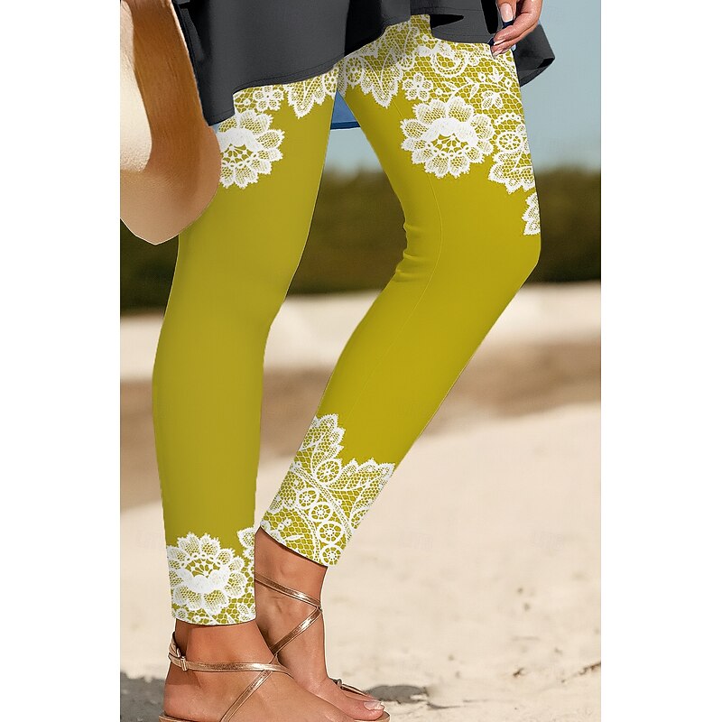 Women's Leggings Vacation Vintage Ethnic Style Ankle-Length High Waist Graphic 3D Print Quick Dry Breathability Soft Stretchy Outdoor Home Causal Yellow Blue Sky Blue Spring Fall Regular Fit3