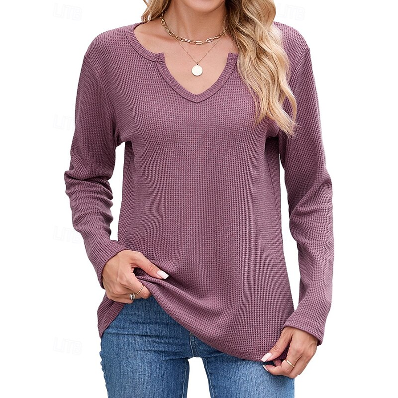 Women's T Shirt Plain Casual Long Sleeve V Neck Regular Tops Daily Going out Maroon Black White Navy Blue Fall