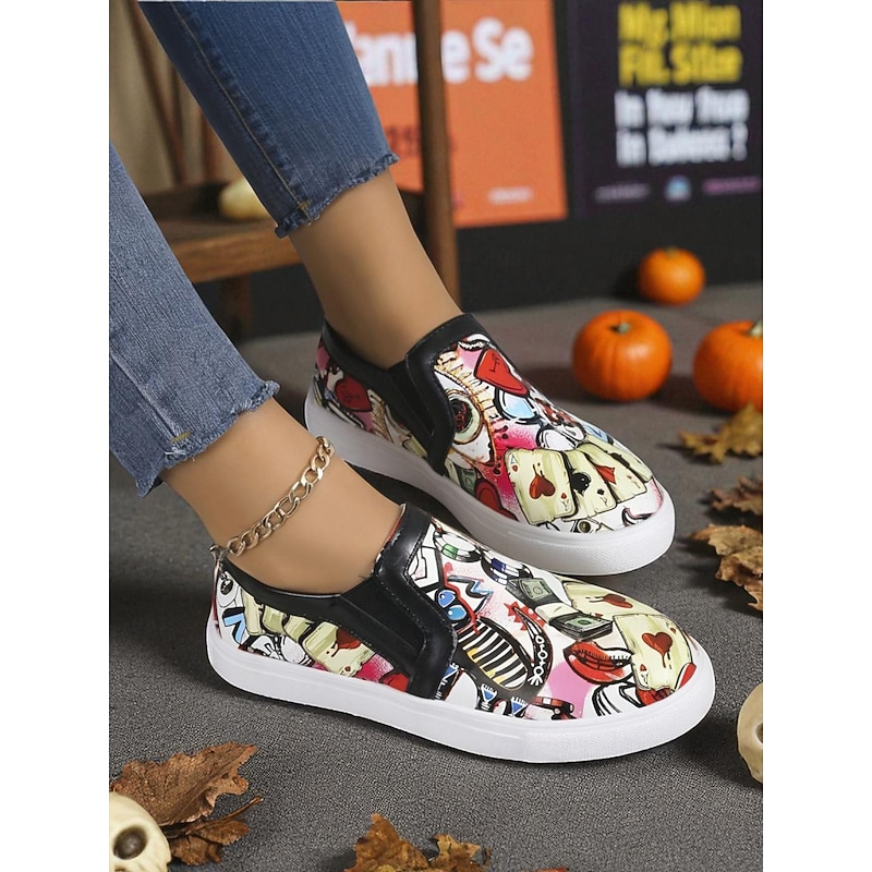 Women's Halloween Slip-On Sneakers - Colorful Graffiti Playing Card Print Canvas Skate Shoes for Casual Fall Outfits & Spooky Street Style4