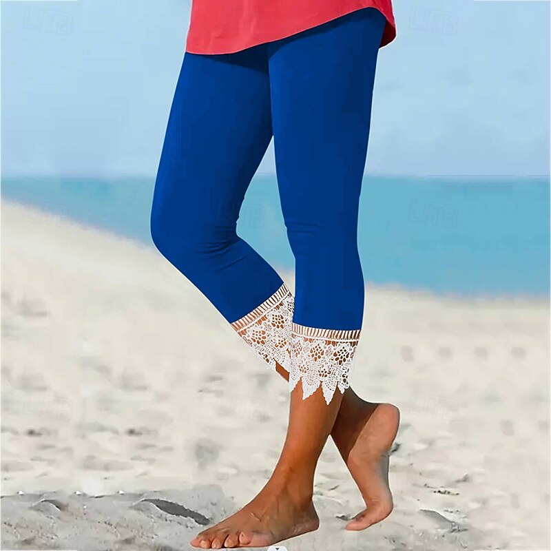 Women's Cropped Trousers Lace High Waist Athletic Pilates Running Bottoms Solid Color Black Burgundy Blue Sports Activewear