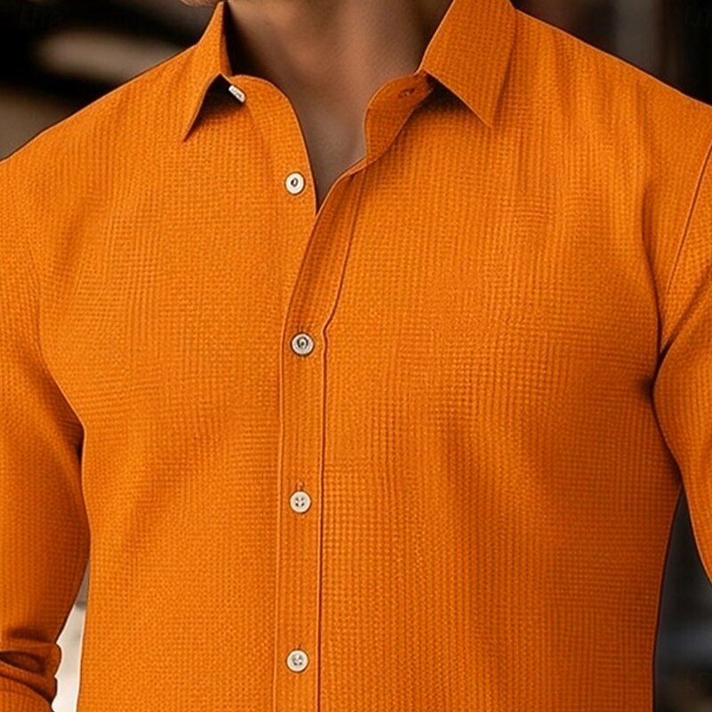 Men's Shirt Casual Shirt Button Up Shirt Waffle Knit Shirt Orange Long Sleeve Plain Collar Vacation Casual Clothing Apparel Fashion Modern Casual3