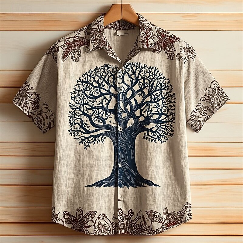 Men's Tree Of Life Shirt Summer Shirt Casual Shirt Short Sleeves Hawaiian Casual Resort Vacation Daily Wear Going out Summer Lapel Print Dark Brown Brown Khaki3