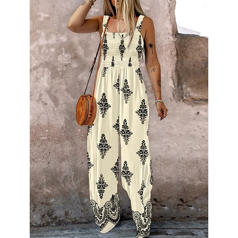 Women's Normal Jumpsuit Active Floral Sleeveless Square Neck Pocket High Waist Vacation Daily Regular Fit Black Blue Fuchsia Summer4