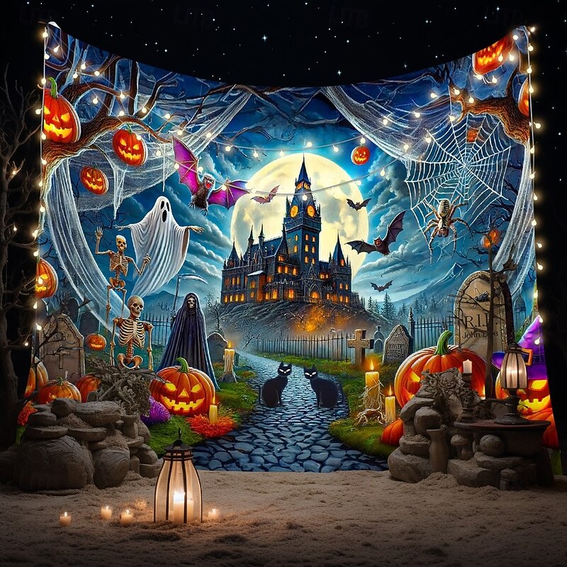 Halloween Haunted Castle Tapestry – Spooky Pumpkin Ghost Bat Graveyard Wall Art Backdrop, Gothic Horror Large Hanging Mural Blanket Curtain for Bedroom Living Room Home Decoration3