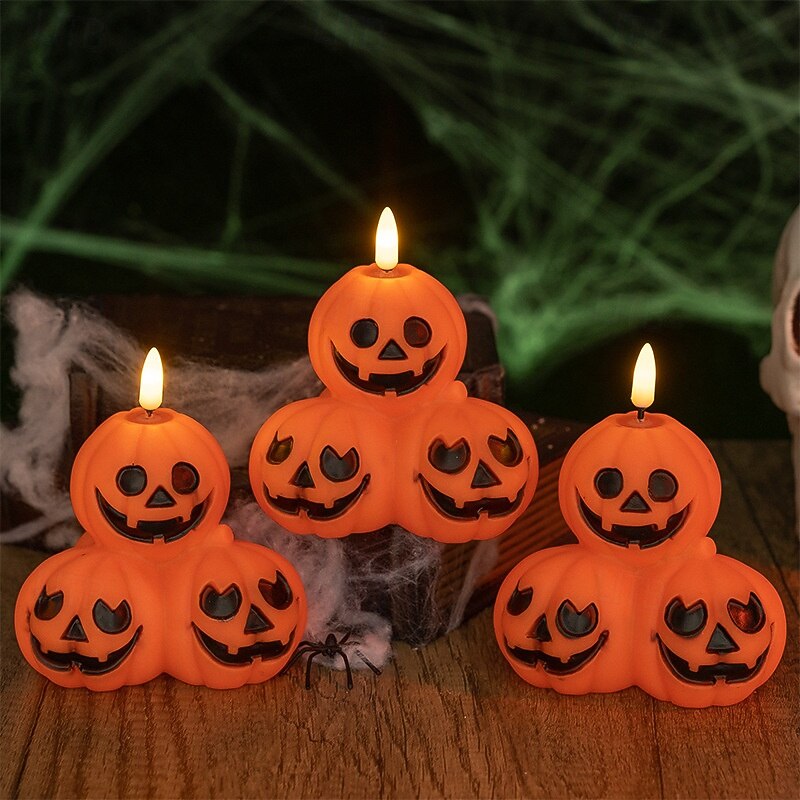 1 Pc 10.7 * 10.2CM Halloween three headed pumpkin LED electronic candle light indoor and outdoor restaurant bar funny atmosphere night light LR44 * 3 battery4