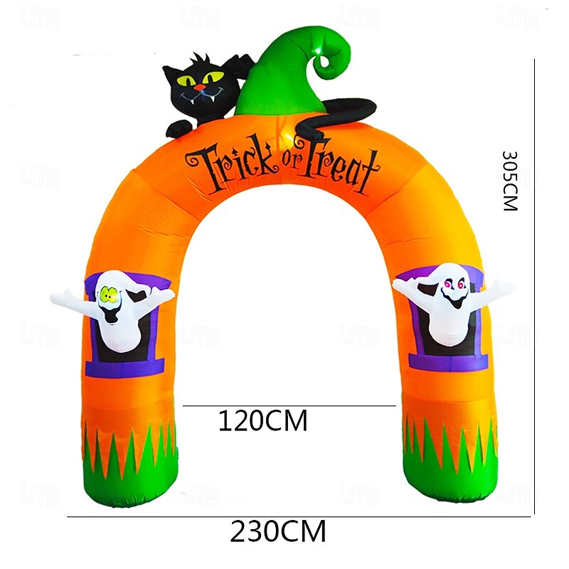 10ft Large Inflatable Halloween Archway Decoration, Halloween Blowing Light Arch with Ghost, Black Cat and Cornucopia, Tricks and Treats for Yard Garden Terrace Lawn Outdoor Decoration2