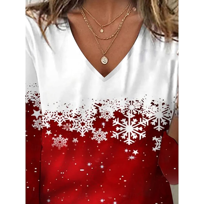 Christmas Women's T Shirt Graphic Snowflake Vintage Stylish Basic 3/4 Length Sleeve V Neck Regular Tops Daily Weekend Print Red Winter2