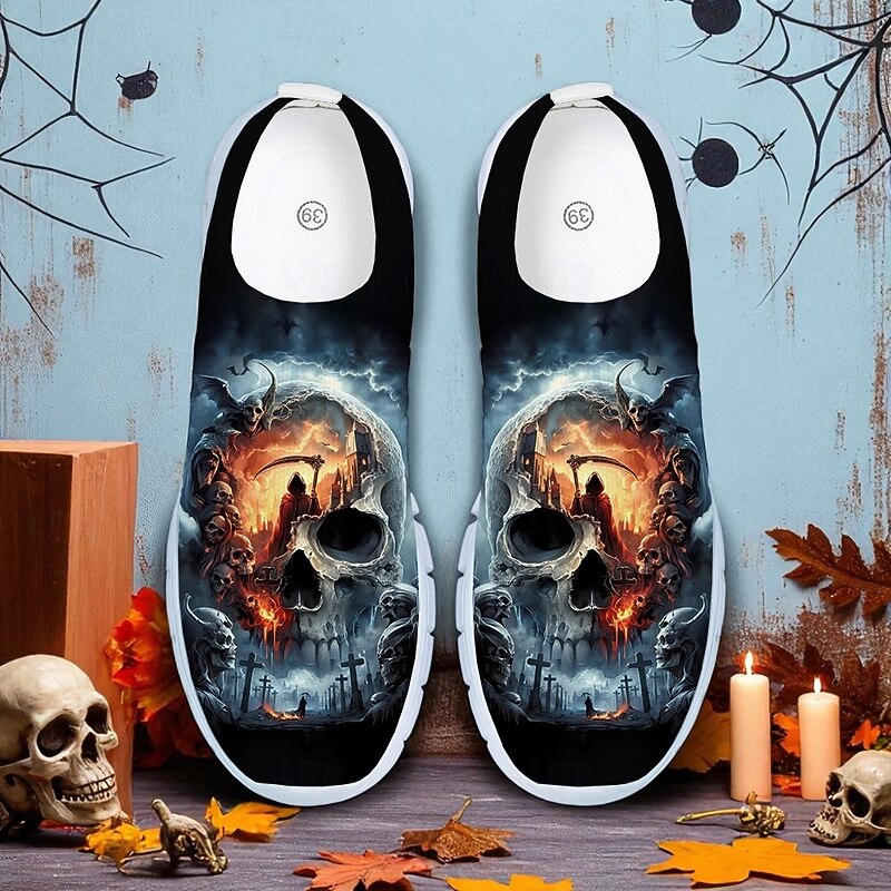 Men's Slip-On Sneakers with Grim Reaper Skull Print – Halloween Themed Casual Shoes for Party, Cosplay and Streetwear2
