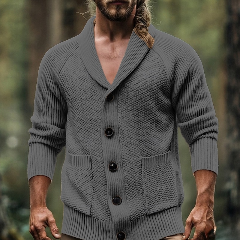 Men's Cardigan Sweater Cropped  Sweater Knit Sweater Cardigan Jacket Ribbed Cropped Knitted Knit Regular Tops Pocket Solid / Plain Color Shawl Collar Fashion Classic Vacation Daily Wear Clothing2