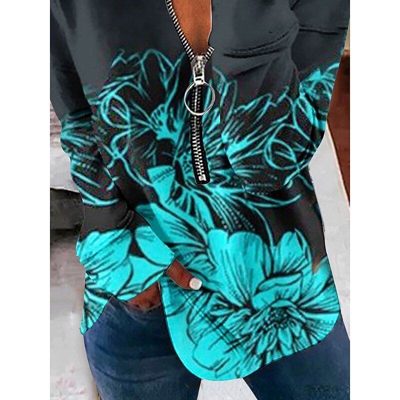 Women's Pullover Sweatshirt Zip Up Sweatshirts Floral Graphic Fashion Casual Long Sleeve Crew Neck Regular Tops Street Dailywear Zipper Print Blue Fall Winter3