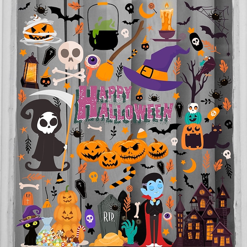 Halloween Window Cling Wall Sticker, Grim Reaper Skeleton Pumpkin Glass Stickers, Removable Static Clings for Living Room Window Decoration Halloween Party Home Decor2