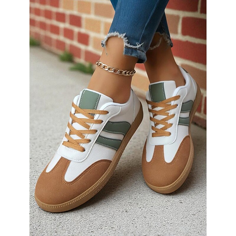 Women's Retro Lace-Up Sneakers with Brown & Green Accents – Comfortable Casual Sports Shoes for Walking, Travel & Everyday Wear4