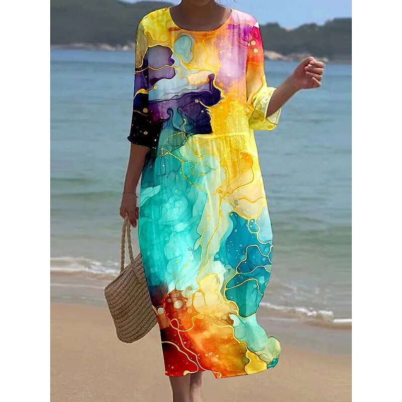 Women's Maxi Dress Kaftan 3/4 Length Sleeve Crew Neck Casual Shift Dress Dress Boho Daily Holiday Date Graphic Abstract Yellow Purple Green Spring