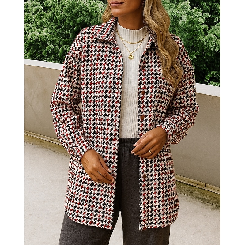 Women's Woolen Coat Long Peacoat Jacket Long Sleeve Top Athleisure Plaid Checkered Windbreaker Fashion Outdoor Travel Sports Sportswear Activewear Black Red Coffee