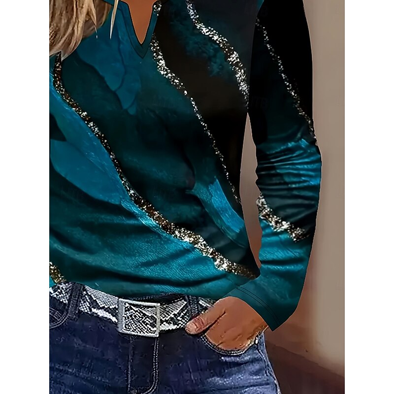 Women's T Shirt Graphic Abstract Marble Vintage Stylish Classic Long Sleeve V Neck Notched Neck Regular Tops Daily Weekend Print Blue Spring Fall Winter2