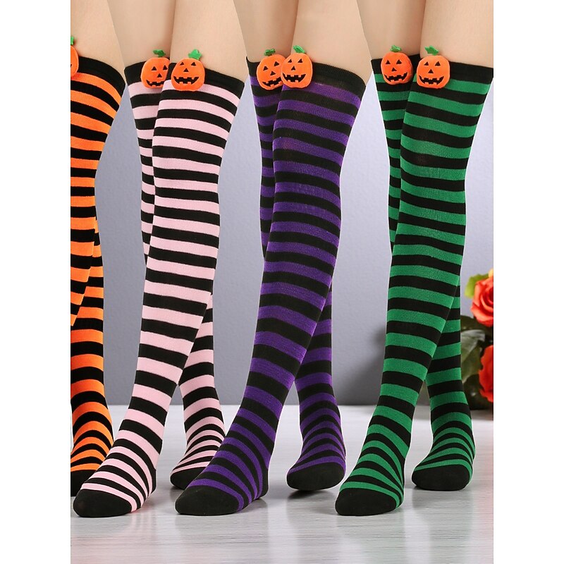 Women's Halloween Over-the-Knee Socks - Striped Cotton Long Stockings with Cute Pumpkin Decoration, Fun and Comfortable Novelty Hosiery for Costume Parties, Cosplay, and Holiday Events2