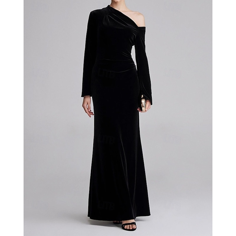 Black Tie Stretch Velvet Sheath / Column Evening Gown Elegant Dress Formal Wedding Floor Length Long Sleeve One Shoulder with Pleats 20254