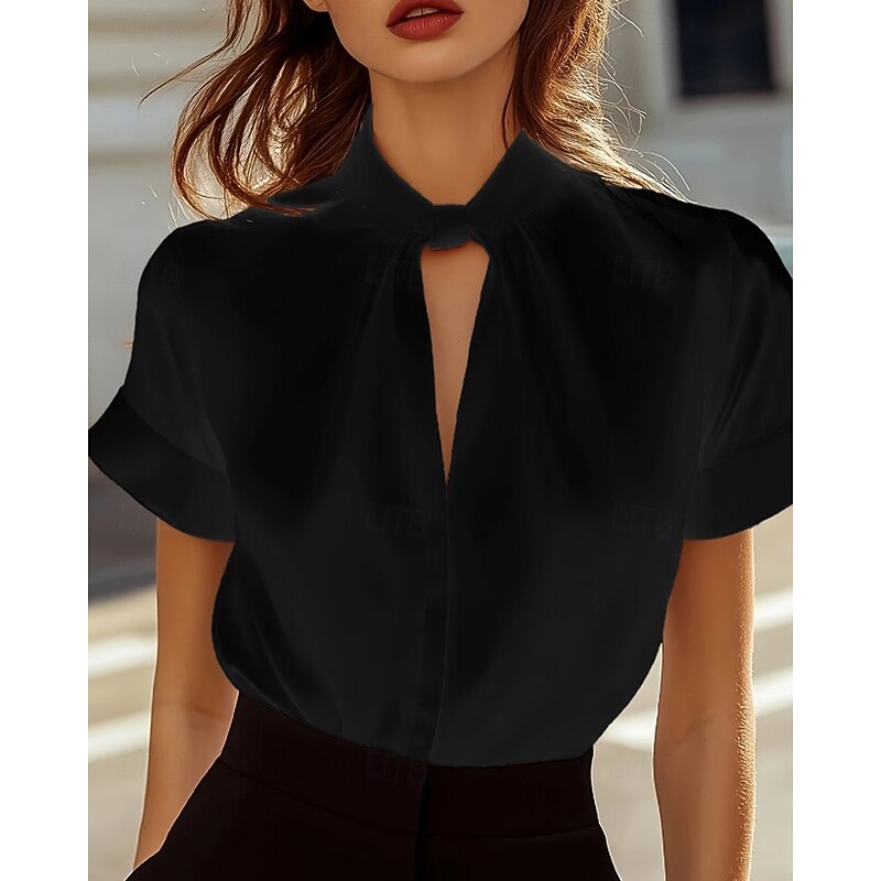 Women's Shirt Blouse Plain Stylish Modern Short Sleeve V Neck Regular Tops Holiday Going out Cut Out Black White Red Navy Blue Fall3
