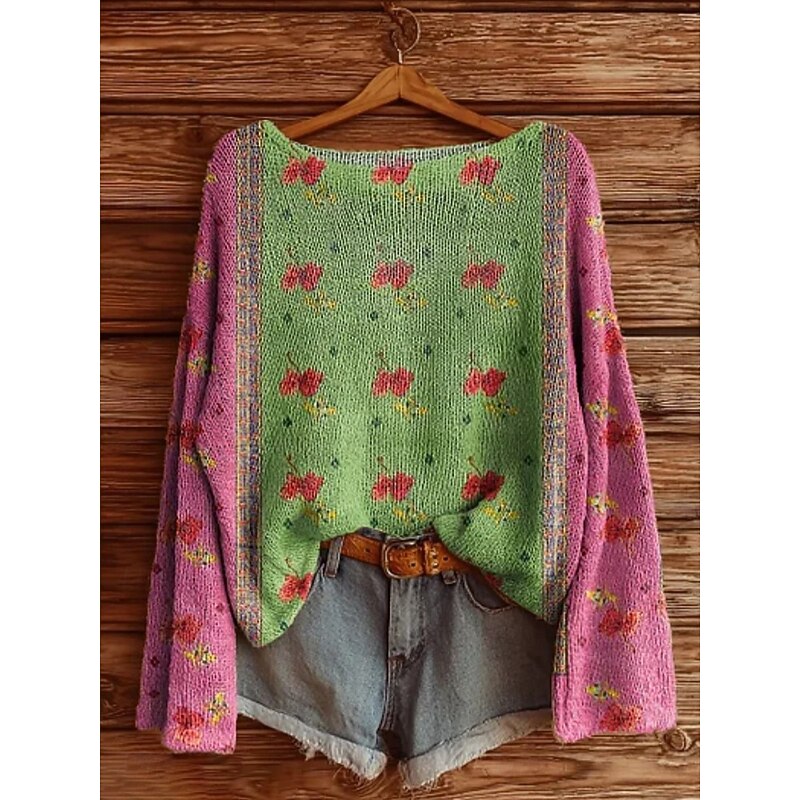 Women's Sweater Casual Floral Stylish Modern Long Sleeve Crew Neck Soft Regular Tops Daily Holiday Print Purple Green Gray Spring Fall Winter3