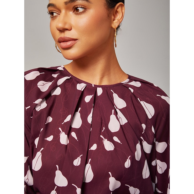 Women's Top Casual Loose Fit Pear Print Long Sleeve Wine Red3