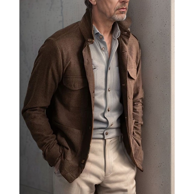 Men's Lightweight Jacket Shirt Jacket Casual Jacket Shacket Vacation Daily Breathable Pocket Spring Fall Plain Fashion Classic Lapel Regular Black Brown Gray Jacket2