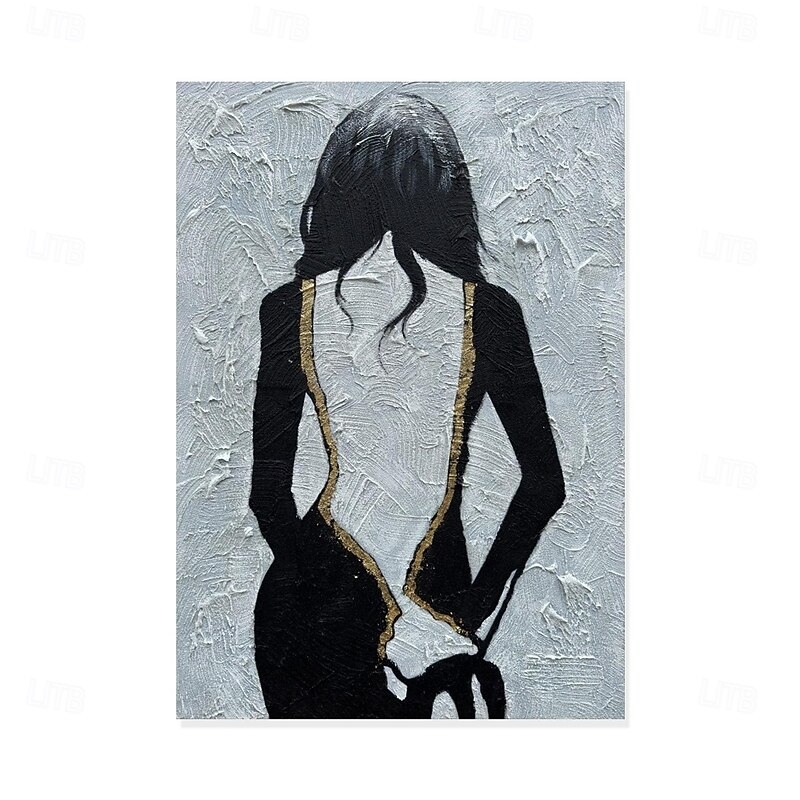 Handmade Light Blue Girl Back Thick Canvas Artwork Black And White Women Face Texture Abstract Oil Painting Simple Lines Decoration Art For Home Decor4
