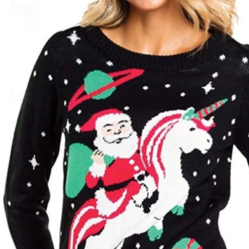 Women's Sweater Pullover Casual Reindeer Santa Claus Ribbed Crew Neck Knitted Print Long Sleeve Regular Tops Knit Christmas Daily Going out Black Winter2