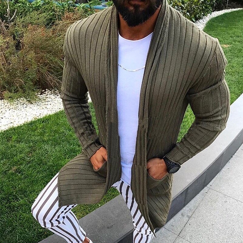 Men's Cardigan Sweater Cropped  Sweater Knit Sweater Ribbed Knit Regular Tops Pocket Plain Open Front Fashion Classic Vacation Daily Wear Clothing Apparel Fall Winter Military Green S M L2