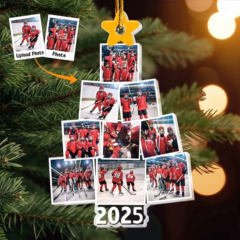 Personalized Christmas Tree Hockey Team Photo Ornaments Acrylic 2D Custom Picture Frame Decor Christmas Tree Xmas Decoration Hanging Pendant Gifts for Family and Friends