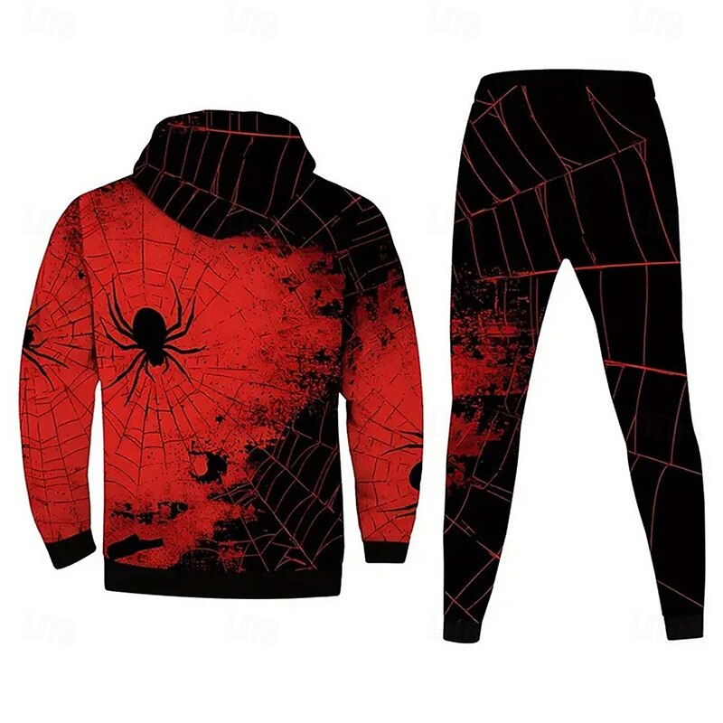 Halloween Men's Spiders 2pcs 3D Sweatshirt Sets Tracksuit Hoodie Sweatshirt Long Sleeve Long pants Hooded Casual Daily Street Athleisure 3D Print Spring Fall Winter Red4