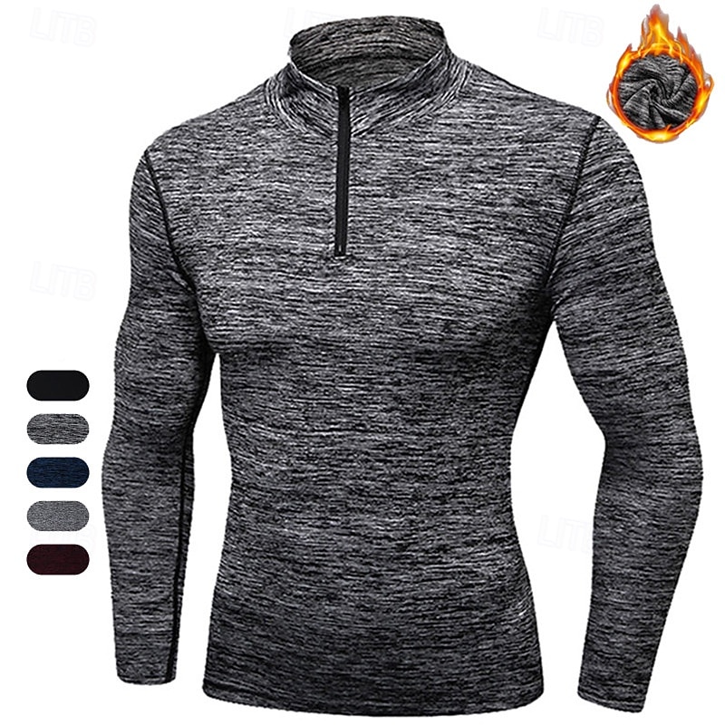 Men's Compression Shirt Fleece Base Layer Workout Tops Long Sleeve Top Athleisure Solid Colored Quick Dry Warm Gym Basketball Athletic Sportswear Activewear Black Blue Light Grey