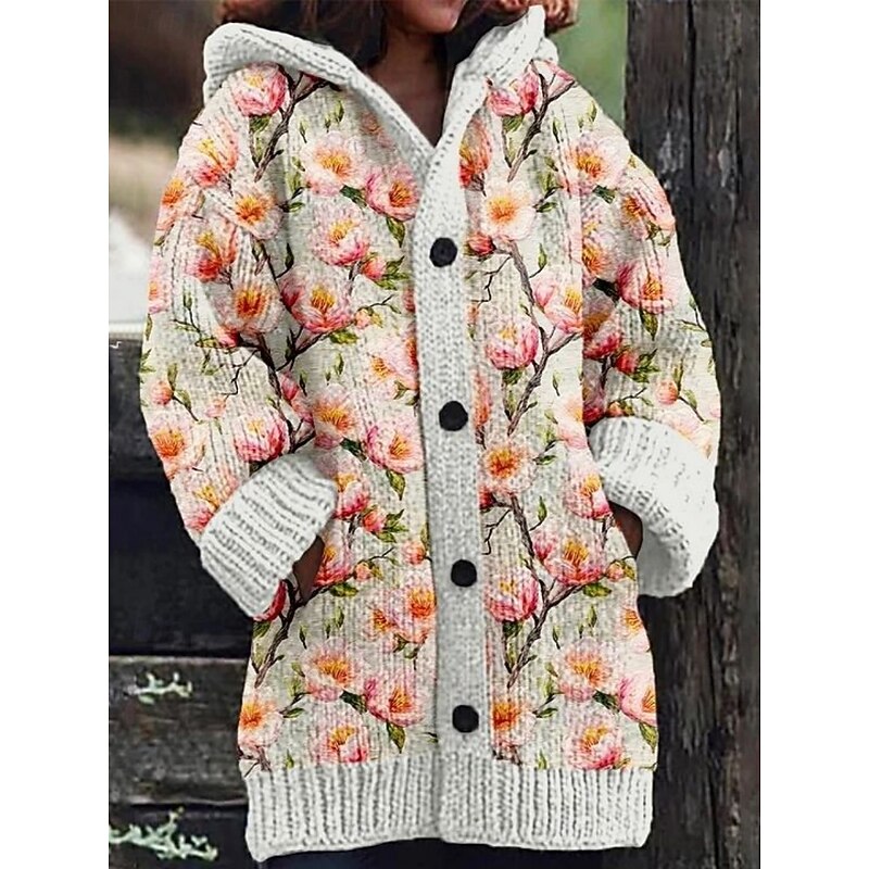 Women's Cardigan Vacation Daily Floral Ribbed Hooded Knitted Print Front Pocket Long Sleeve Regular Tops Knit Outdoor Daily Holiday White Light Green Fall Winter2