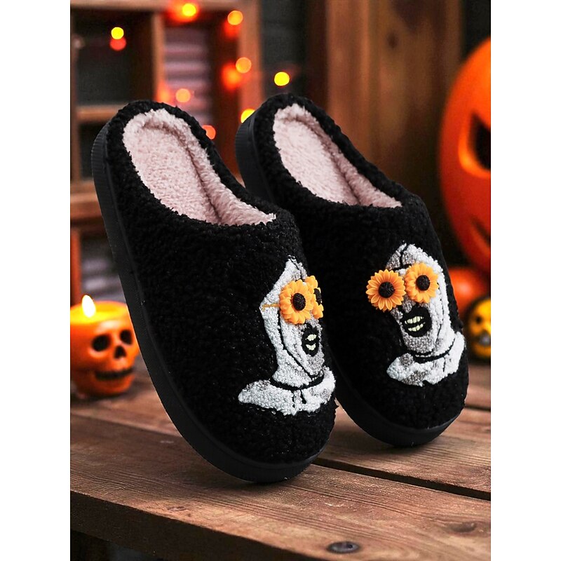 Women's Halloween Slippers - Black Plush Indoor Mules with 3D Sunflower and Ghost Embroidery, Cozy Warm Style for Fall Home Wear and Spooky Season Parties3