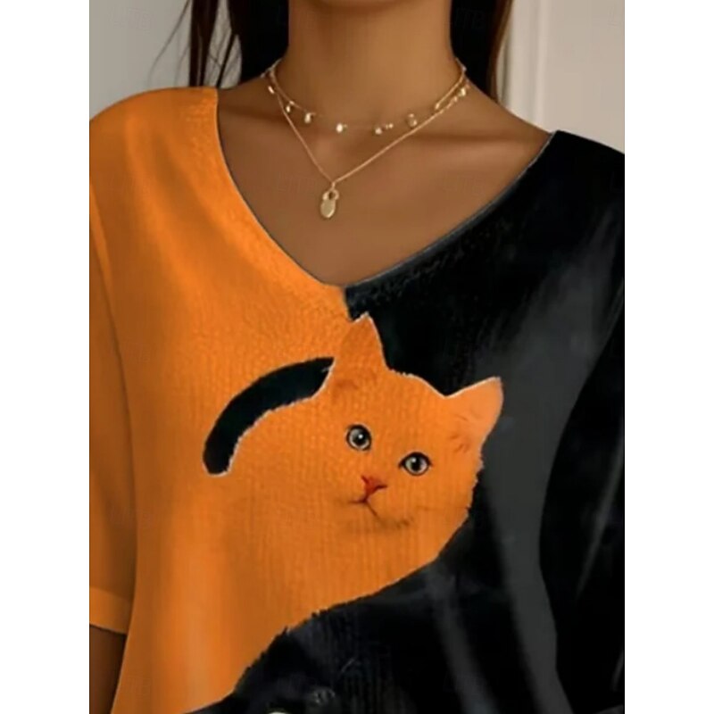 Halloween Women's Blouse Cat Daily Casual 3/4 Length Sleeve V Neck Regular Tops Daily Holiday Print Orange Summer Spring Fall2