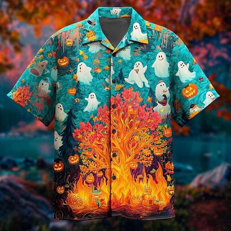 Halloween Men's Pumpkin Ghost Fire Shirt Cuban Collar Shirt Button Up Shirt Short Sleeve Dark Punk Gothic Style Holiday Streetwear Summer Camp Collar Shirt 3D Print Red Blue Purple Green