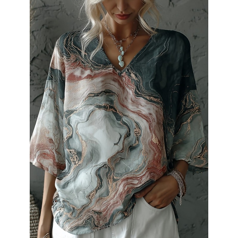 Women's Boho T-shirt Bohemia Vintage Fashion 3/4 Length Sleeve V Neck Regular Tops Daily Going out Weekend Blue Gray Summer Spring2