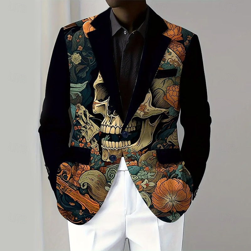 Halloween Men's Coat Blazer Party Street Festival Casual Daily British All Seasons 100% Polyester Pumpkin 3D Print Buttons Comfortable Single Breasted Blazer Black Orange Brown3