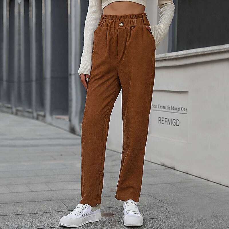 Women's Slacks Straight Streetwear Casual Full Length Natural Plain Pocket Elastic Waist Comfortable Outdoor Vacation Going out Camel Fall Regular Fit