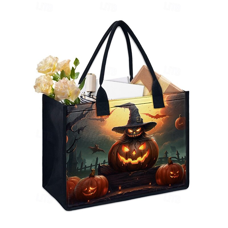 Women's Halloween Pumpkin & Haunted House Tote — Large Reusable Shopping Bag with Zipper Pocket & Sturdy Handles, Gothic Style for Trick-or-Treat, Costume Parties & Daily Use3